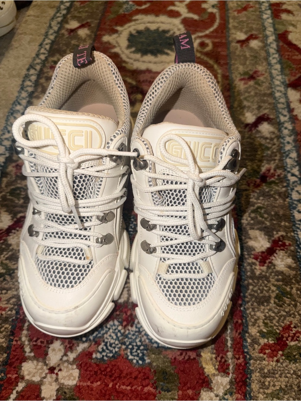 Gucci White Mesh and Leather Sneakers with Pink Pull Tabs